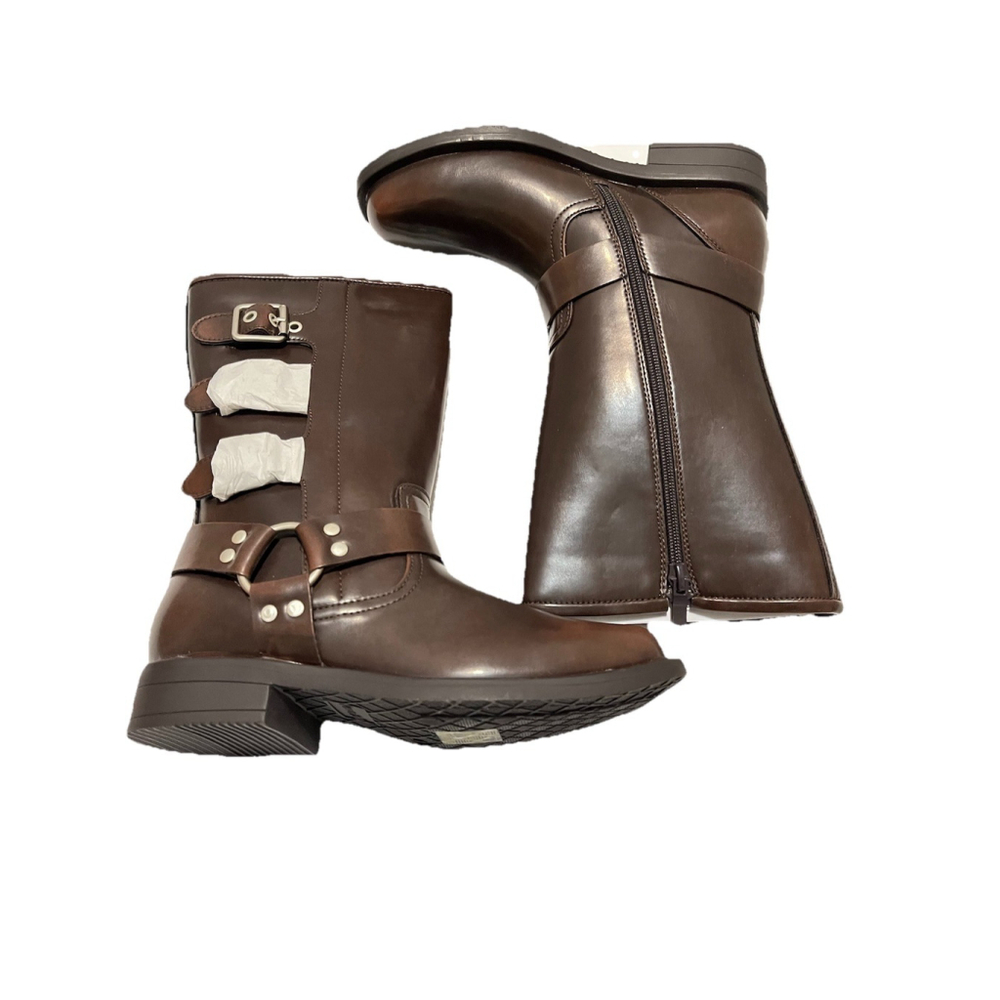 Dream Pairs Dark Brown Mid Calf Boots Buckle Strap Side Zip US 1 EU 32 - Picture 15 of 16